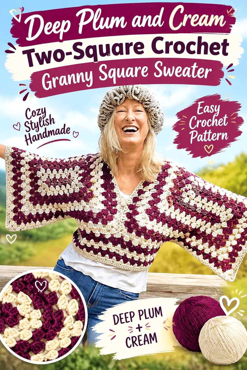 1. Deep Plum And Cream Two Square Crochet Granny Square Sweater