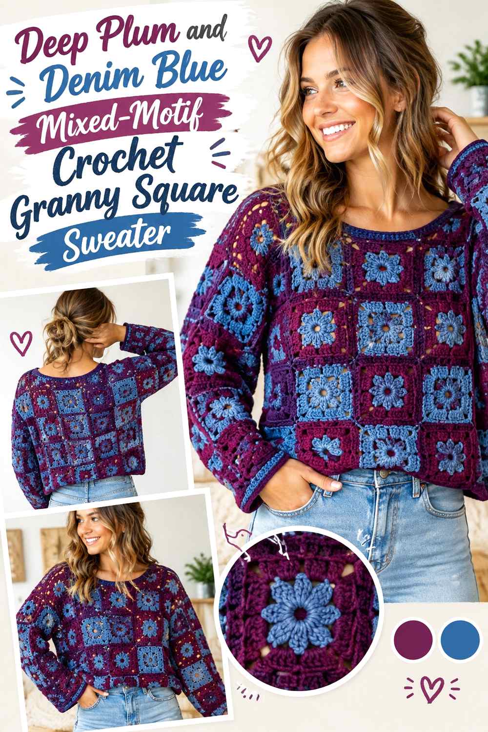 11. Deep Plum And Denim Blue Mixed Motif Crochet Granny Square Sweater