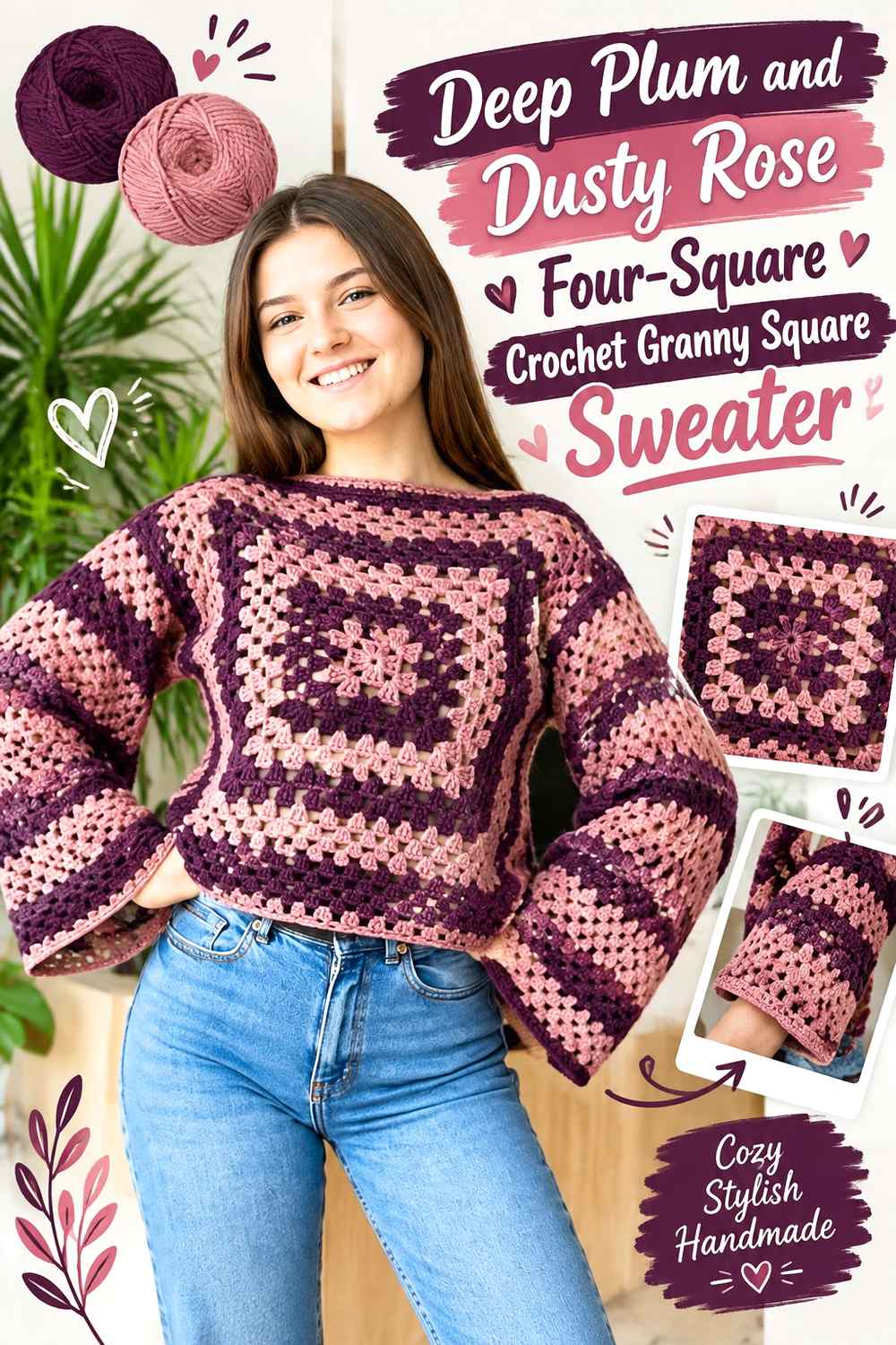 2. Deep Plum And Dusty Rose Four Square Crochet Granny Square Sweater