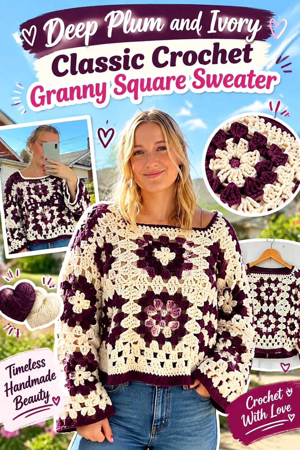 7. Deep Plum And Ivory Classic Crochet Granny Square Sweater