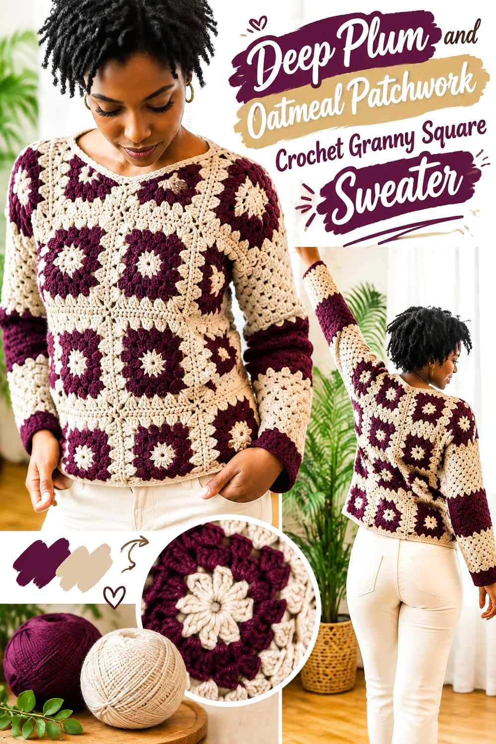 3. Deep Plum And Oatmeal Patchwork Crochet Granny Square Sweater