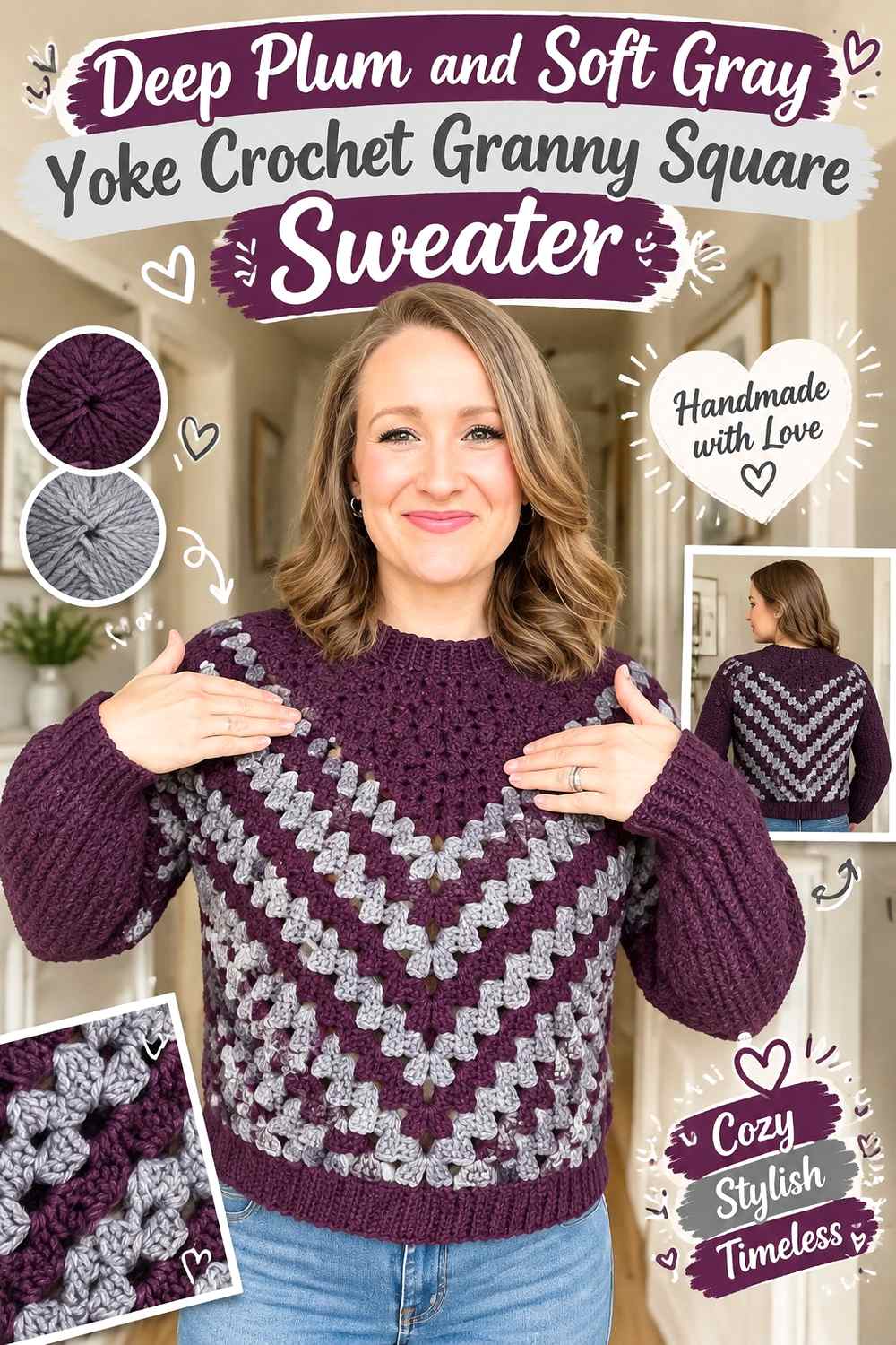 10. Deep Plum And Soft Gray Yoke Crochet Granny Square Sweater