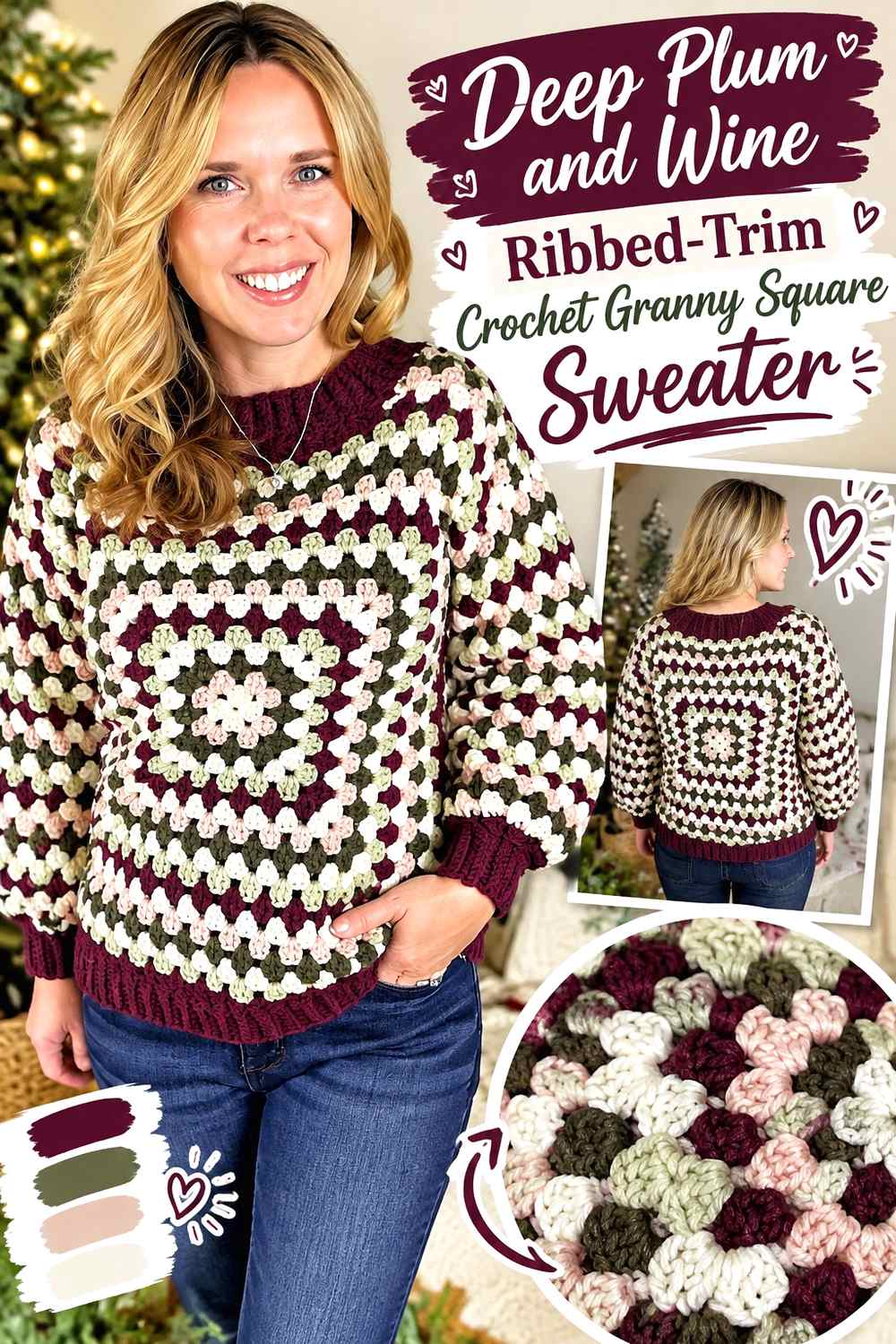 13. Deep Plum And Wine Ribbed Trim Crochet Granny Square Sweater