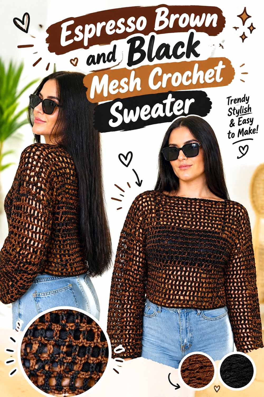 2. Espresso Brown And Black Mesh Crochet Sweater