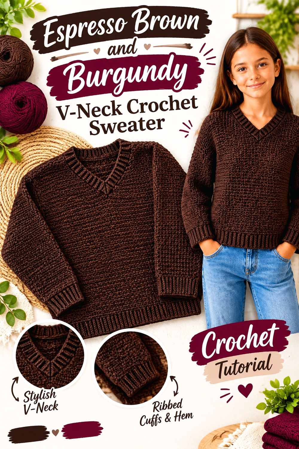 10. Espresso Brown And Burgundy V Neck Crochet Sweater