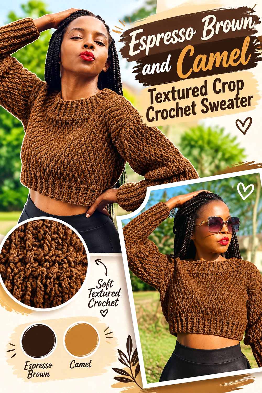 3. Espresso Brown And Camel Textured Crop Crochet Sweater