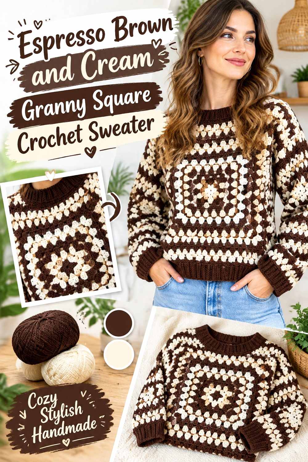 1. Espresso Brown And Cream Granny Square Crochet Sweater