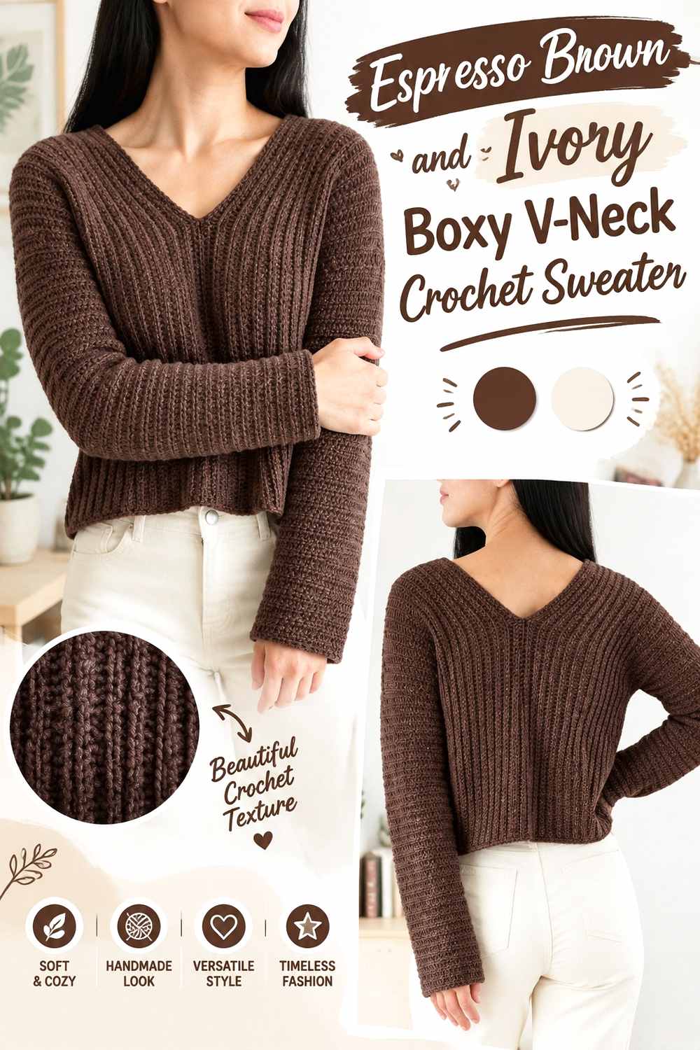 11. Espresso Brown And Ivory Boxy V Neck Crochet Sweater