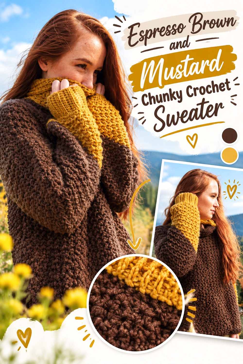 9. Espresso Brown And Mustard Chunky Crochet Sweater