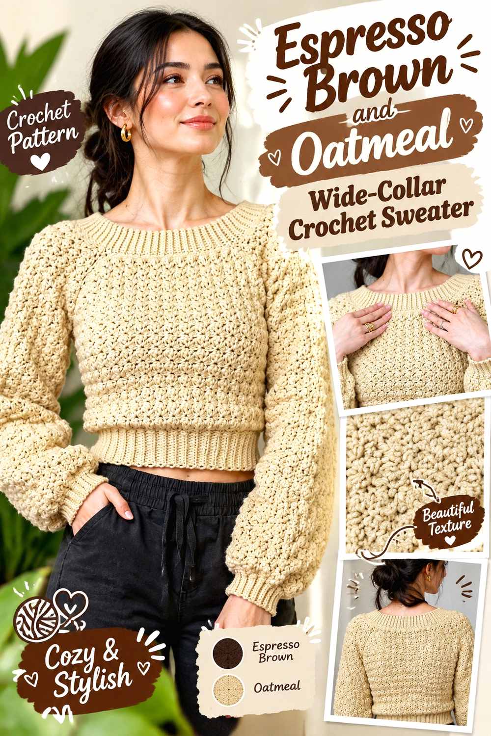 4. Espresso Brown And Oatmeal Wide Collar Crochet Sweater