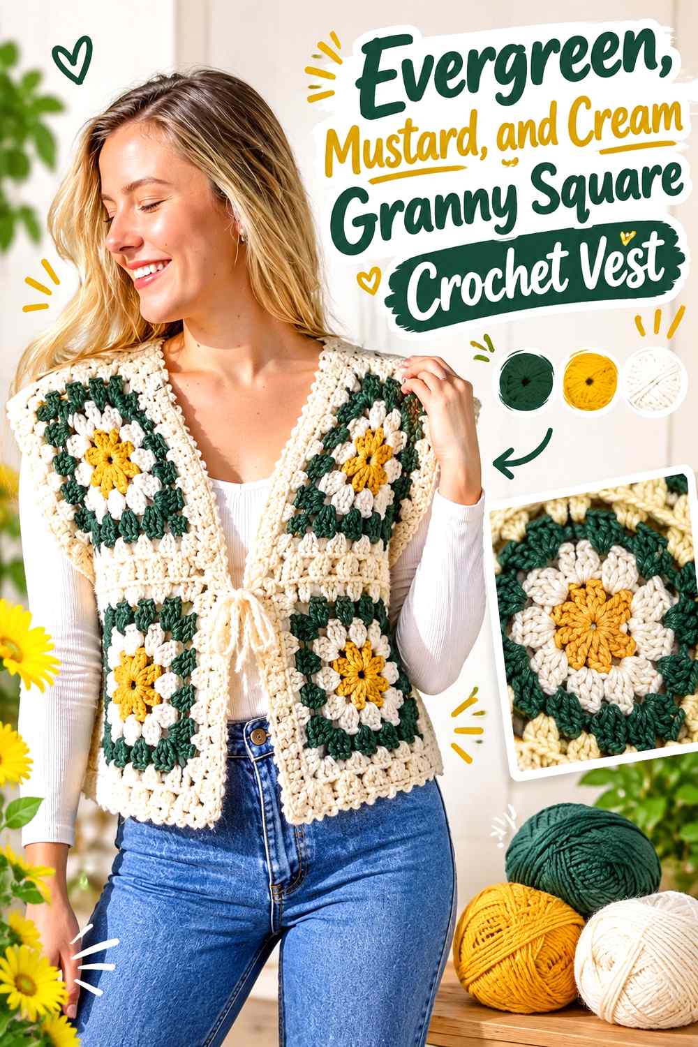 6. Evergreen Mustard And Cream Granny Square Crochet Vest