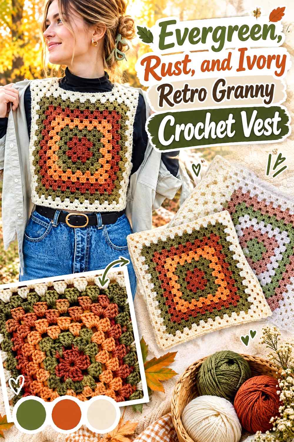 9. Evergreen Rust And Ivory Retro Granny Crochet Vest
