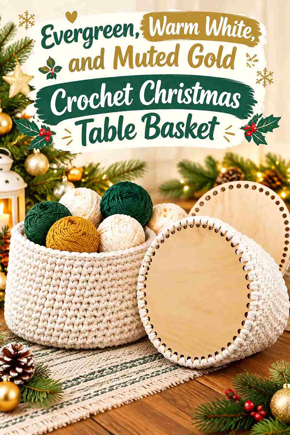 14. Evergreen Warm White And Muted Gold Crochet Christmas Table Basket