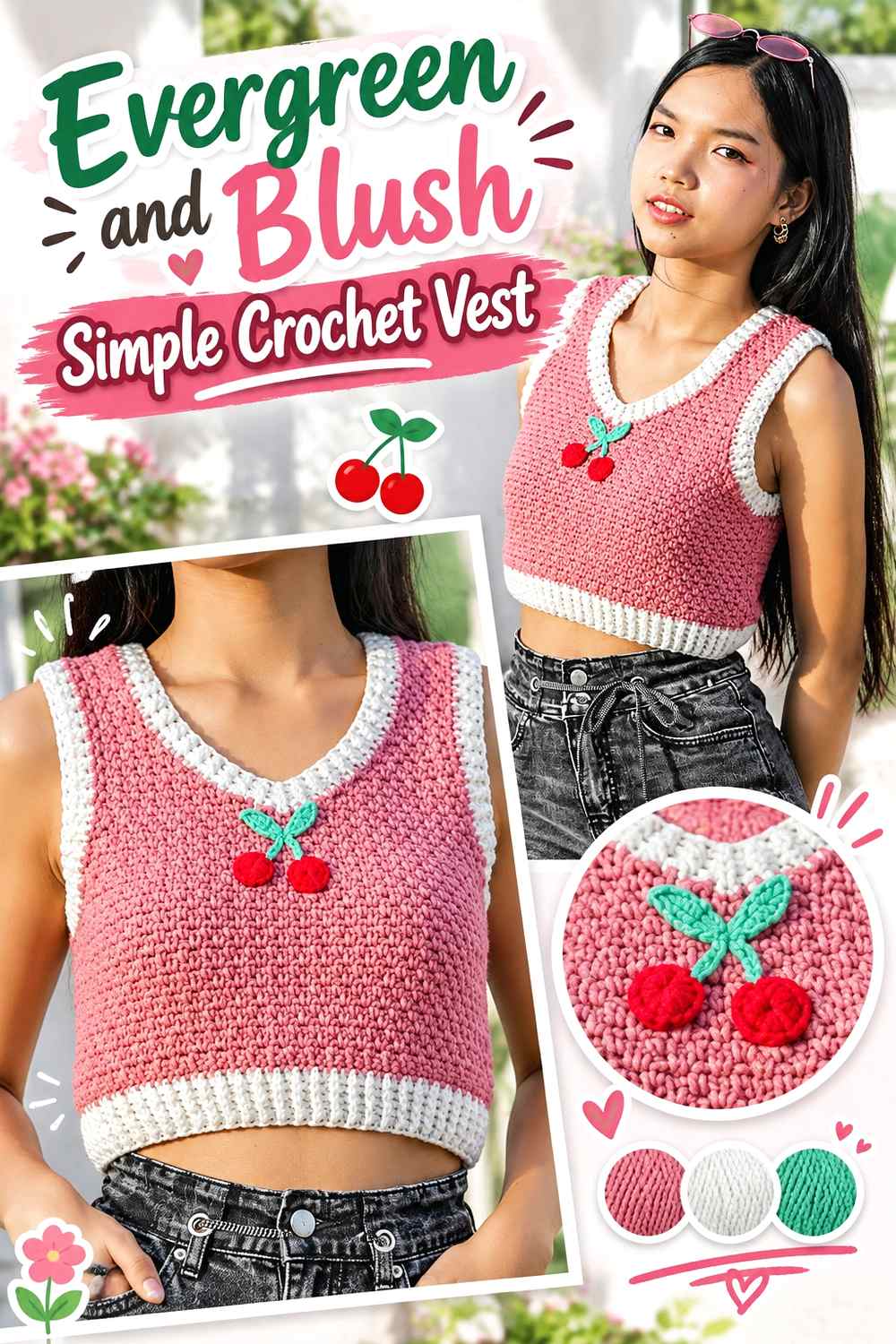 4. Evergreen And Blush Simple Crochet Vest