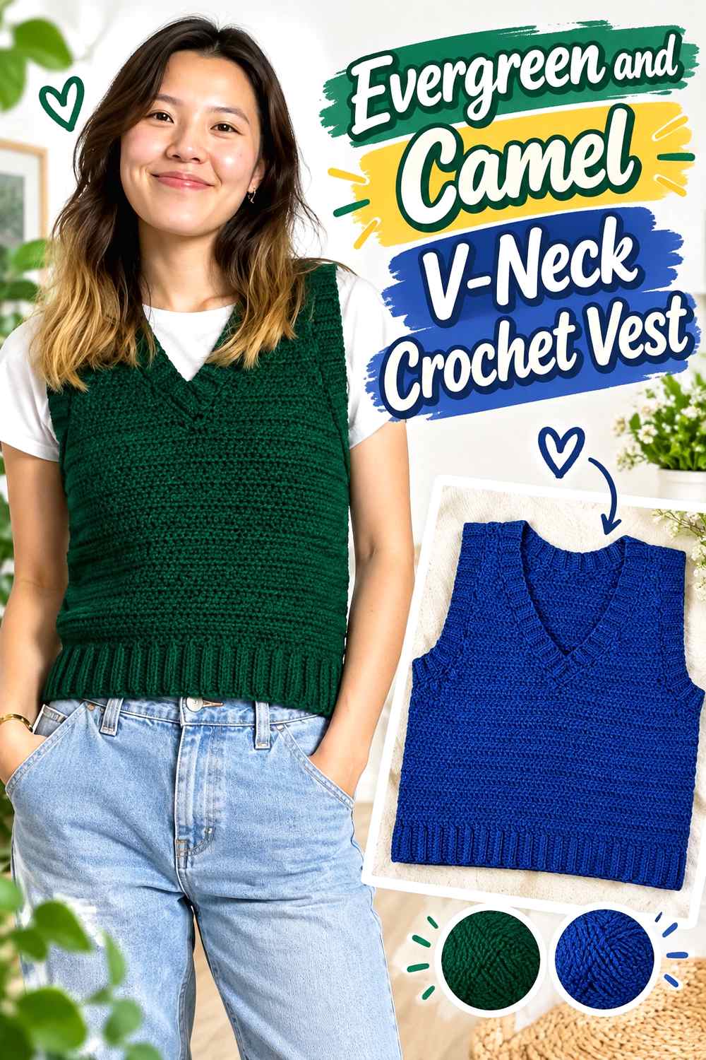2. Evergreen And Camel V Neck Crochet Vest