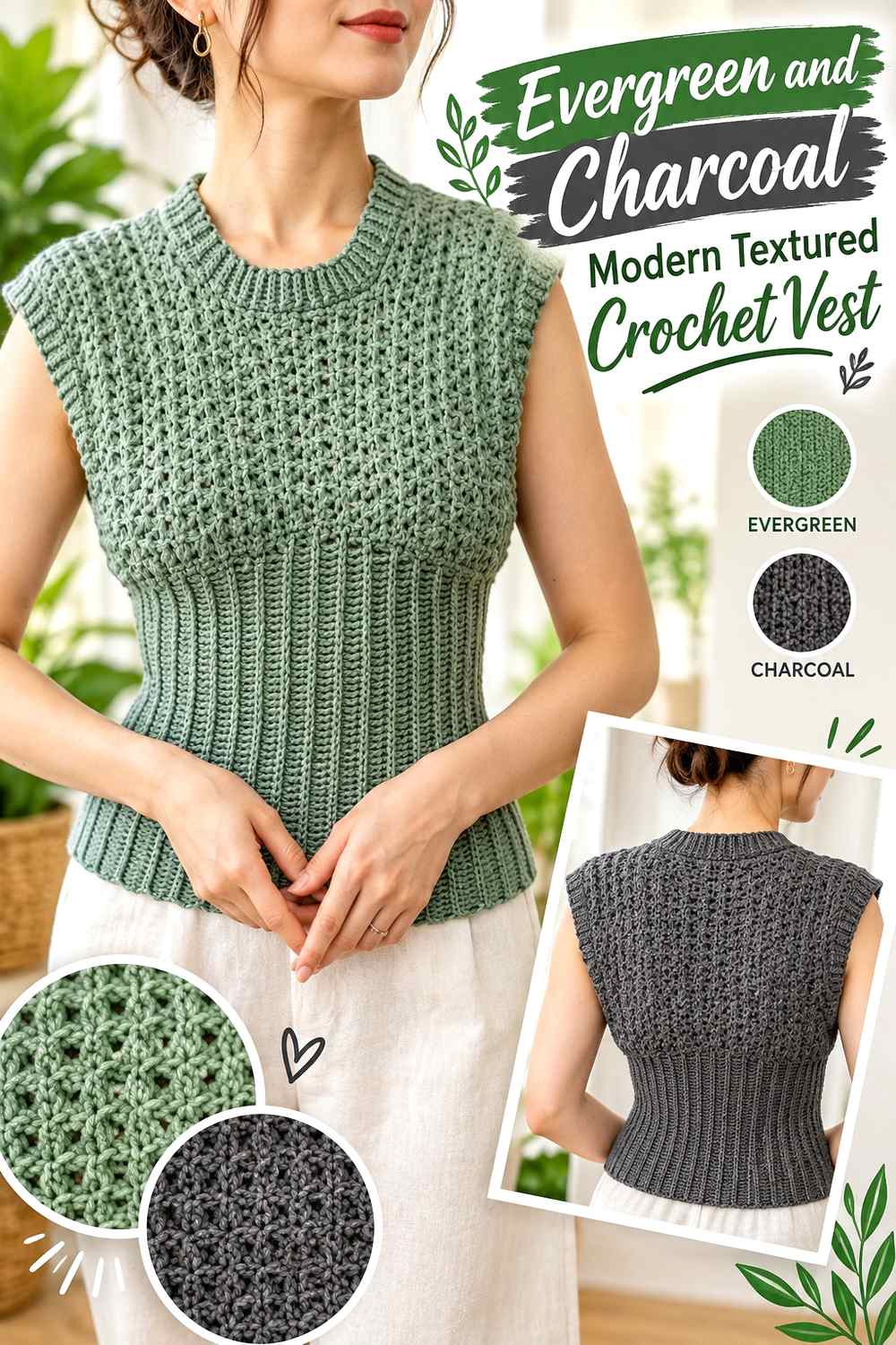 3. Evergreen And Charcoal Modern Textured Crochet Vest