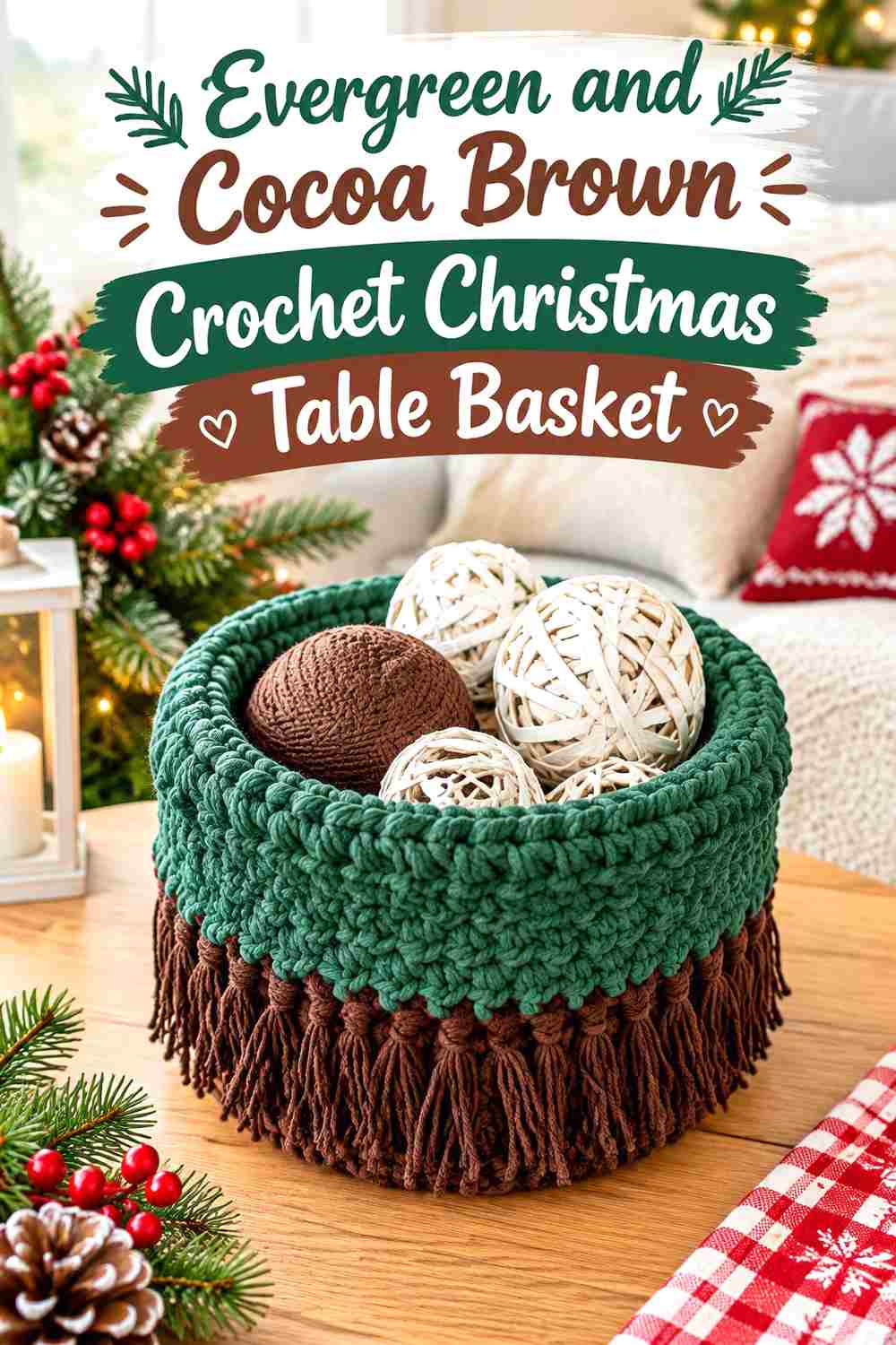 7. Evergreen And Cocoa Brown Crochet Christmas Table Basket