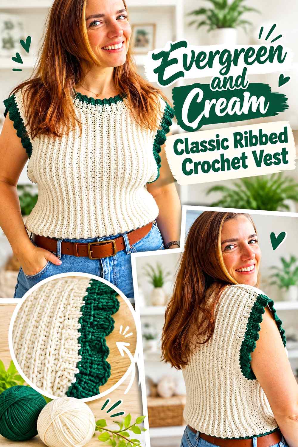 1. Evergreen And Cream Classic Ribbed Crochet Vest