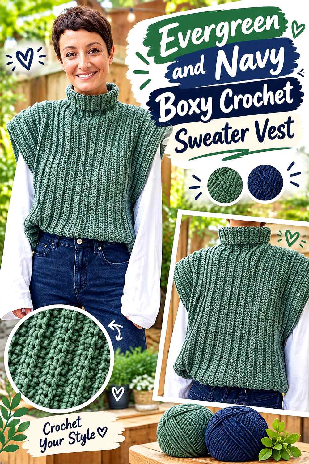 8. Evergreen And Navy Boxy Crochet Sweater Vest
