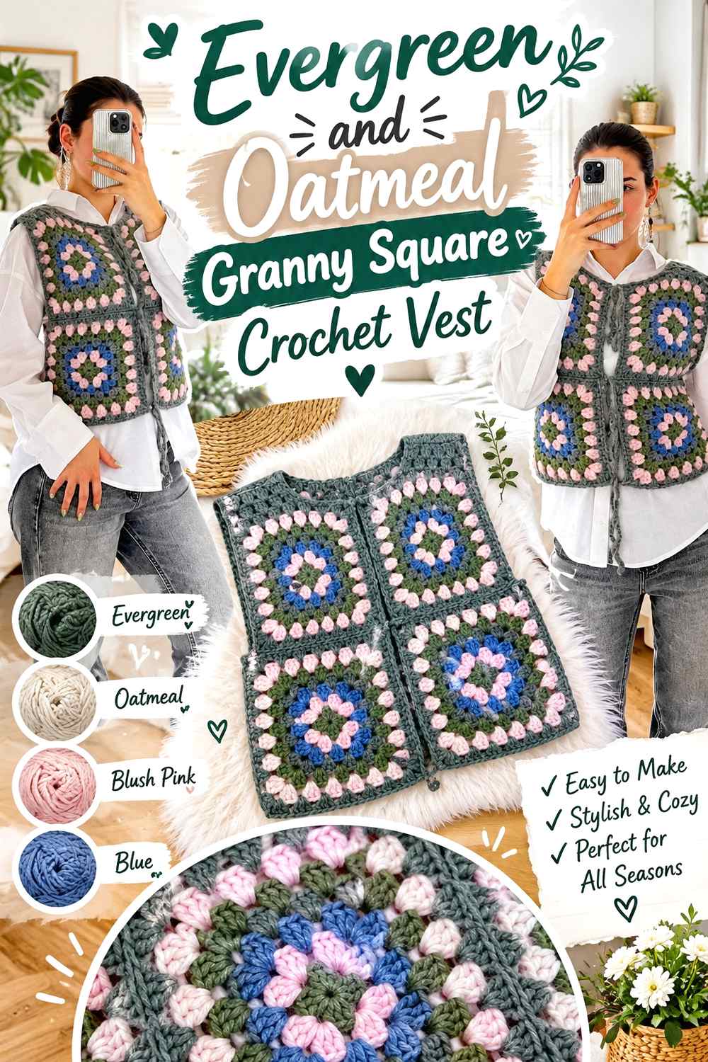 5. Evergreen And Oatmeal Granny Square Crochet Vest