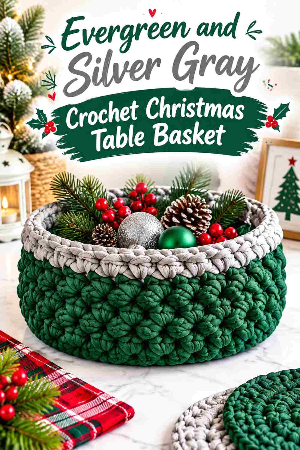 10. Evergreen And Silver Gray Crochet Christmas Table Basket