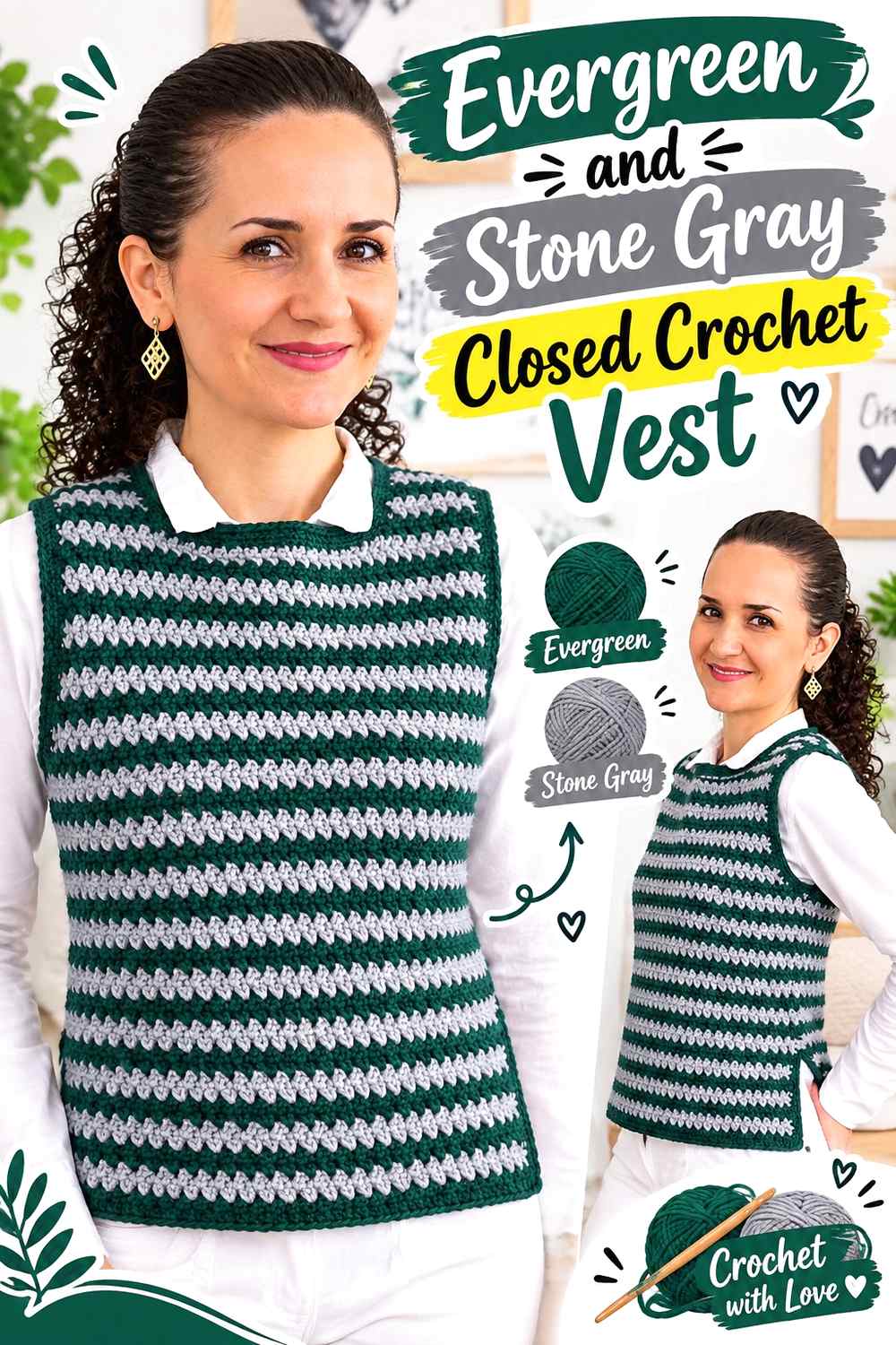 10. Evergreen And Stone Gray Closed Crochet Vest