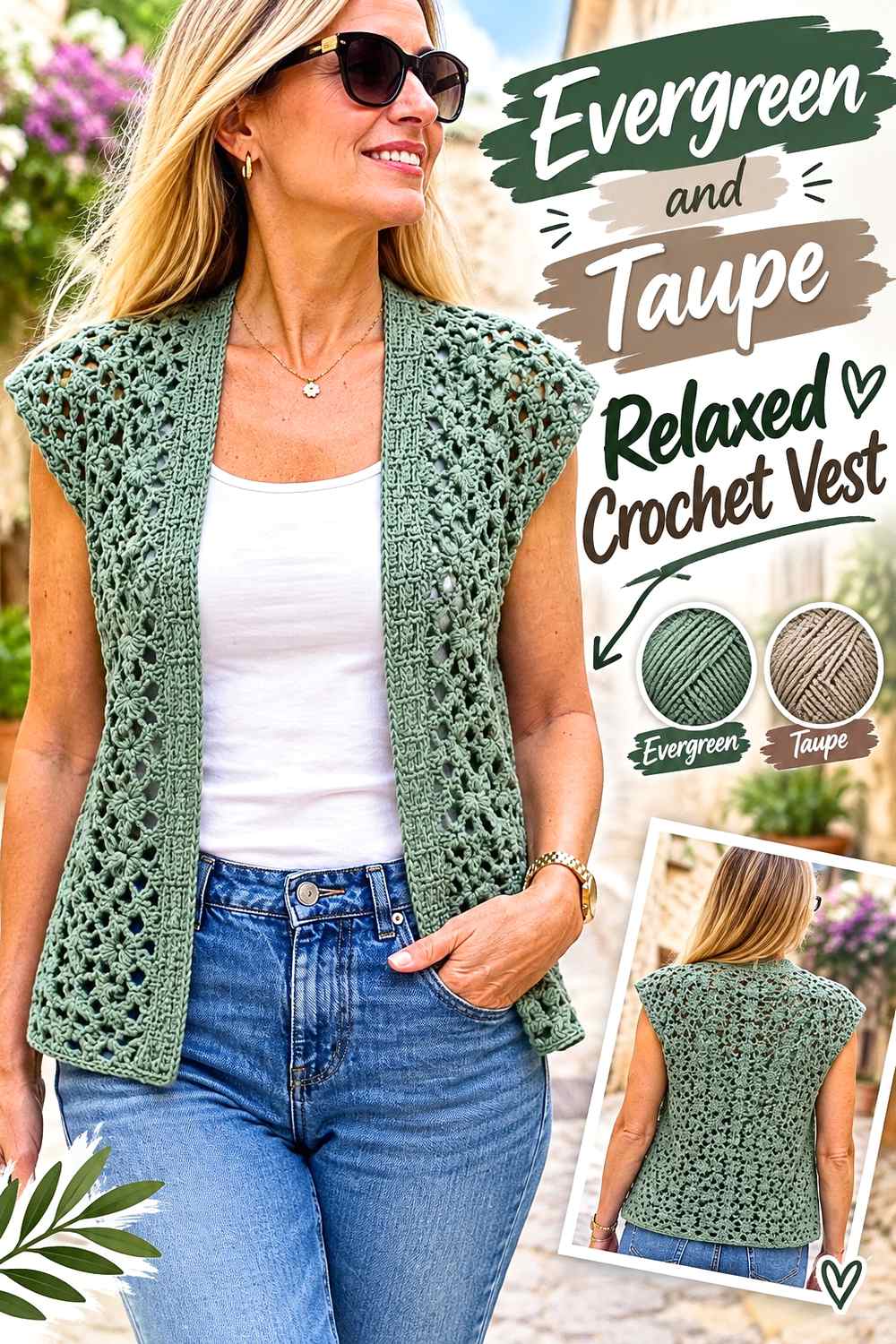 7. Evergreen And Taupe Relaxed Crochet Vest
