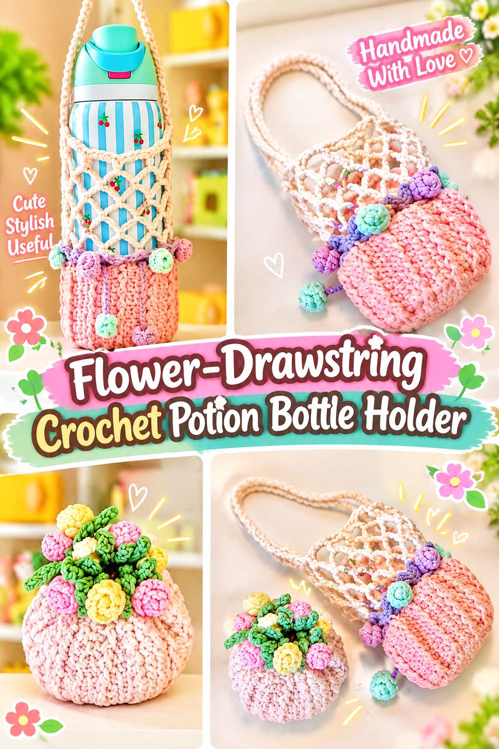 Flower-Drawstring Crochet Potion Bottle Holder