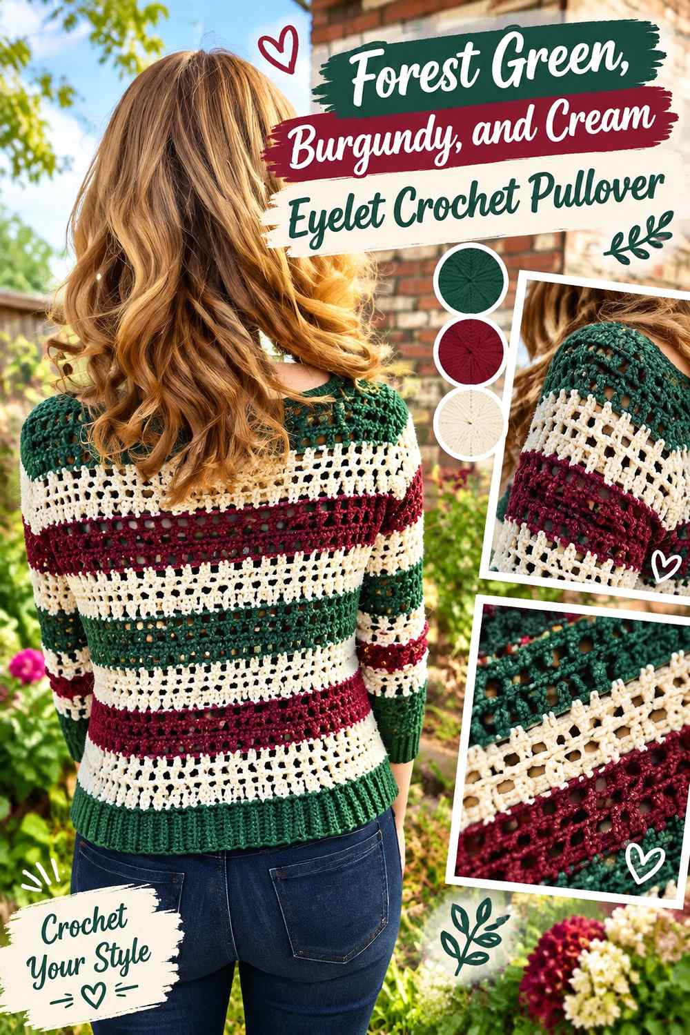 10. Forest Green Burgundy And Cream Eyelet Crochet Pullover