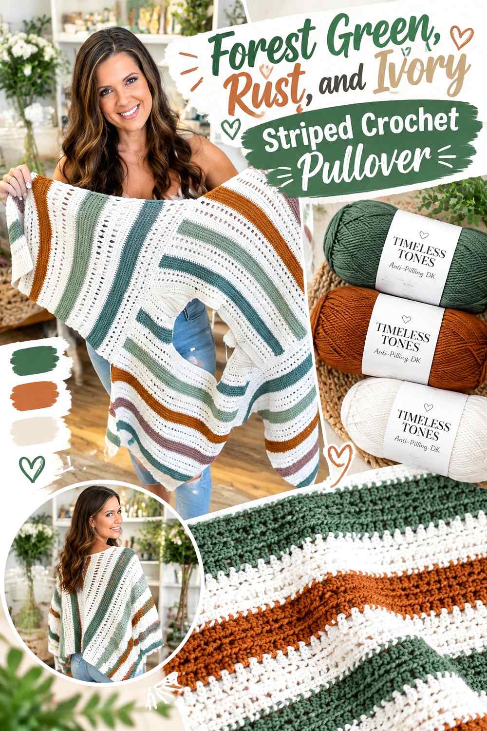 4. Forest Green Rust And Ivory Striped Crochet Pullover