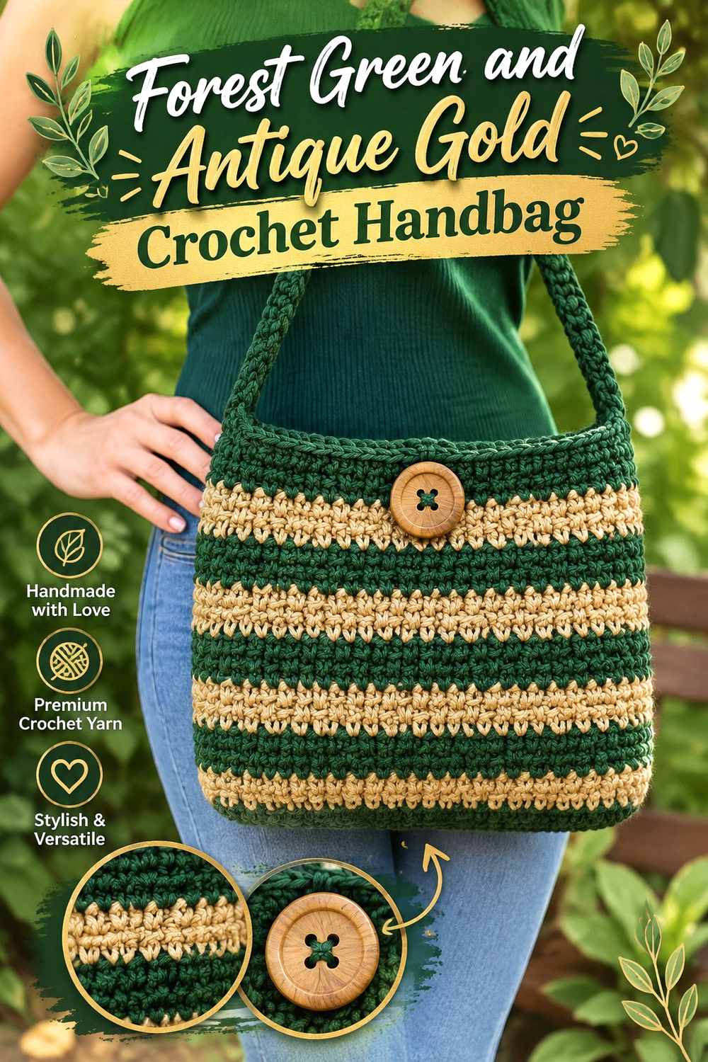 9. Forest Green And Antique Gold Crochet Handbag