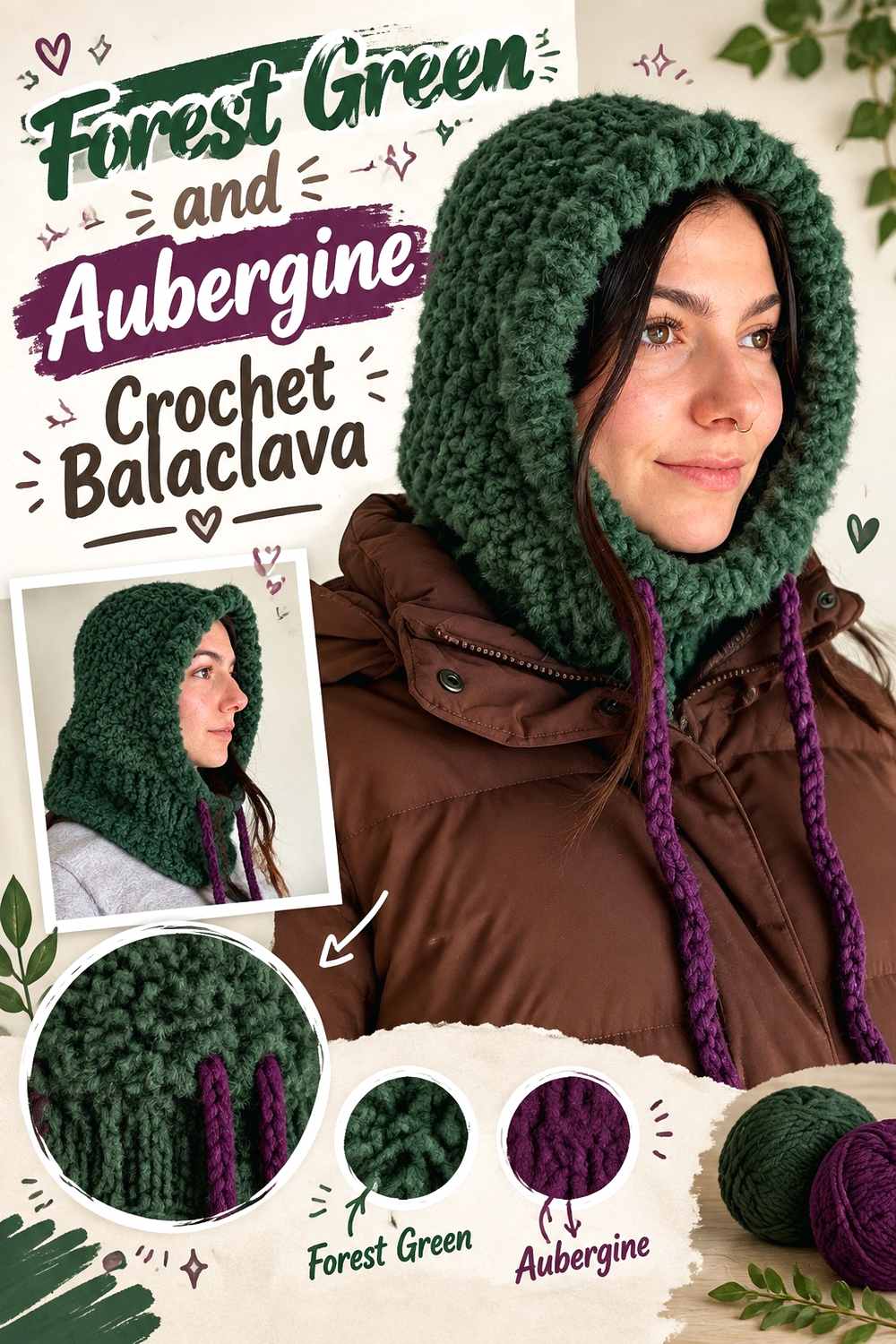 18. Forest Green And Aubergine Crochet Balaclava