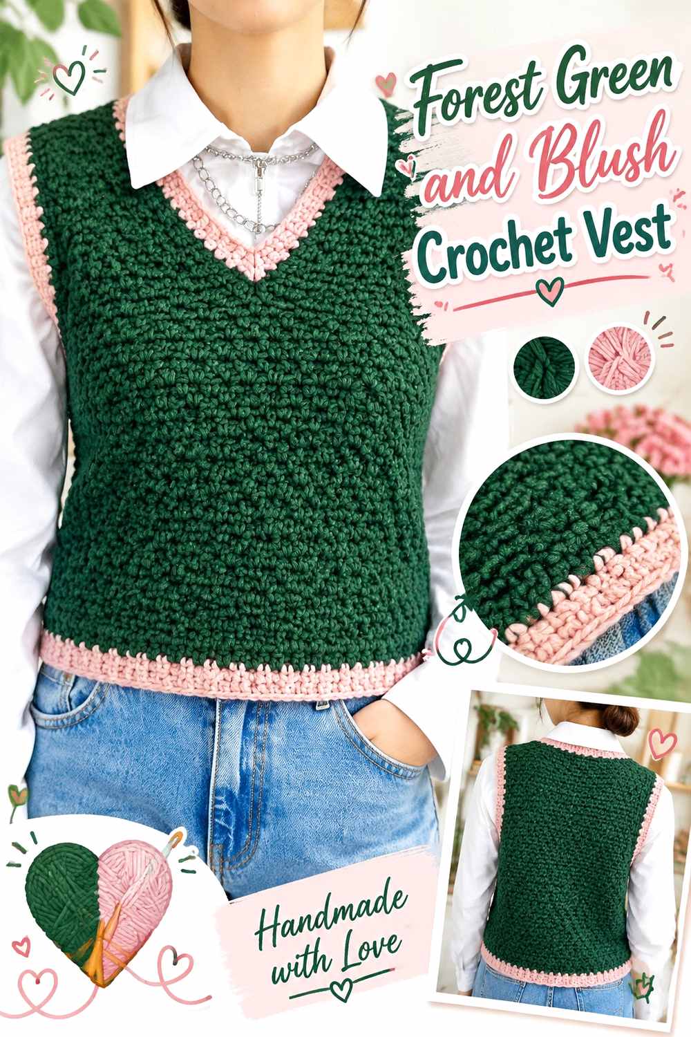 8. Forest Green And Blush Crochet Vest