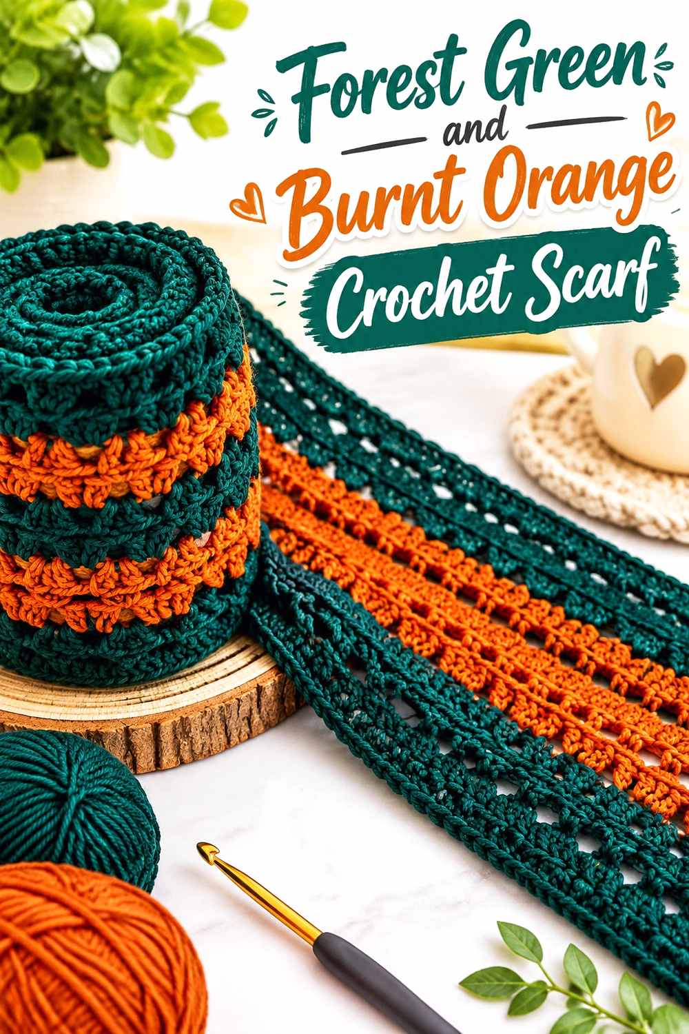 6. Forest Green And Burnt Orange Crochet Scarf