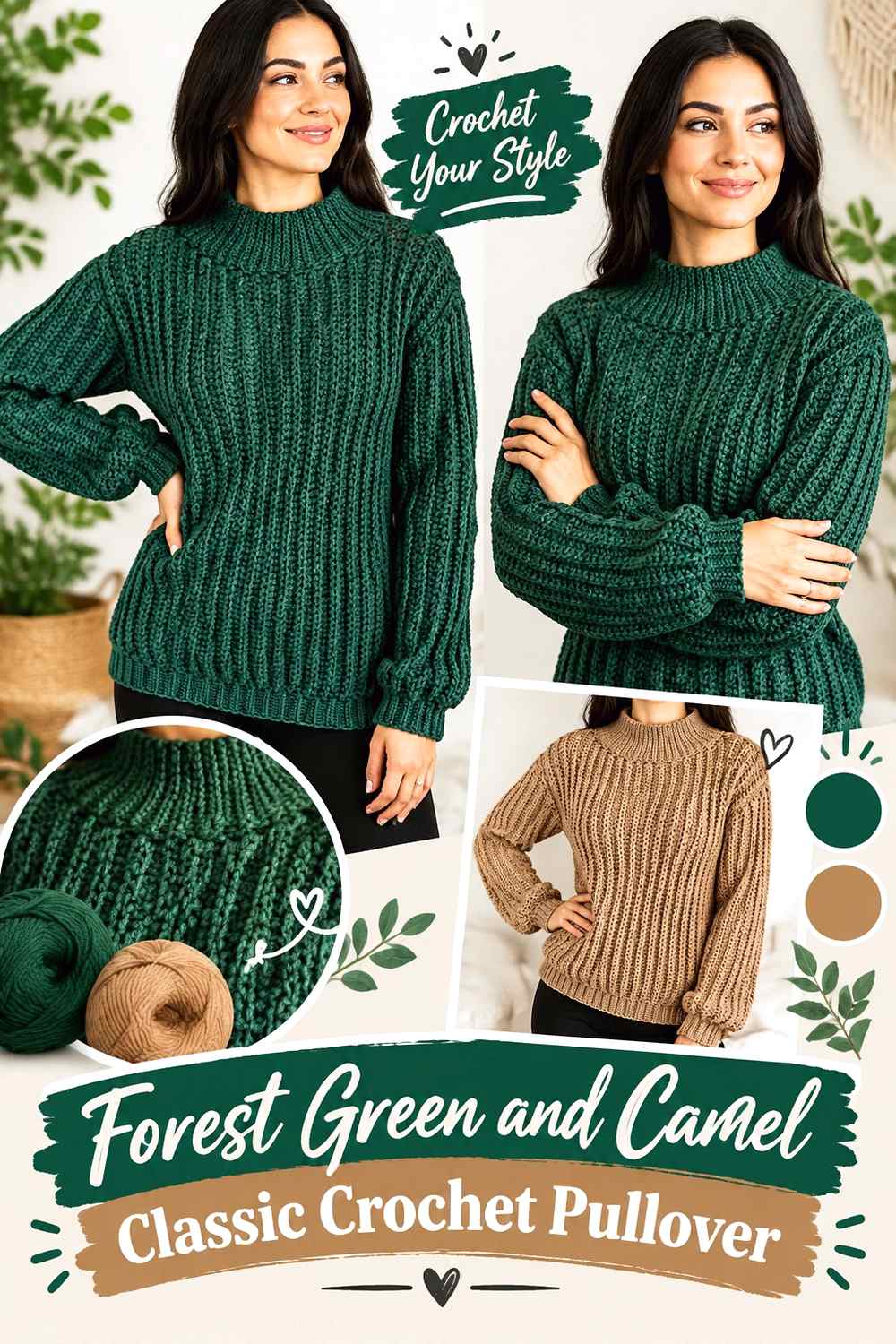 3. Forest Green And Camel Classic Crochet Pullover