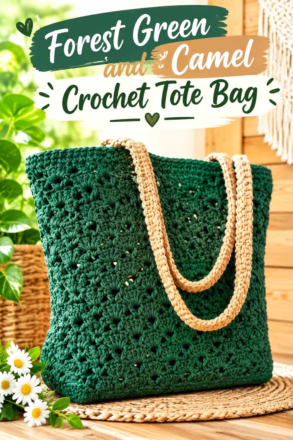 2. Forest Green And Camel Crochet Tote Bag