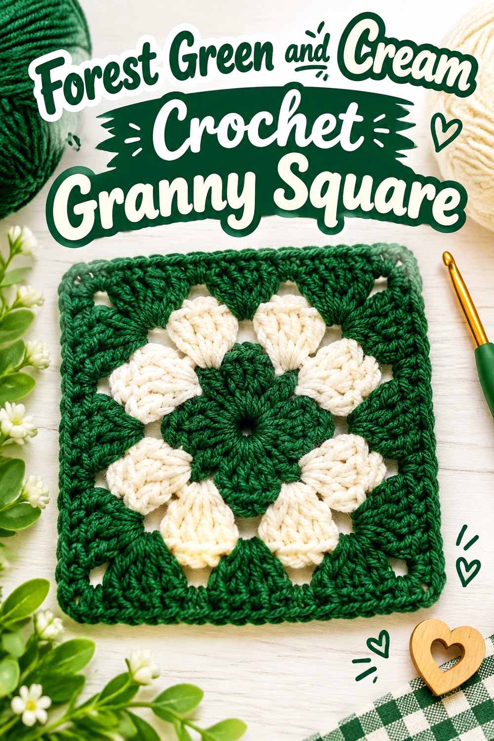 15. Forest Green And Cream Crochet Granny Square