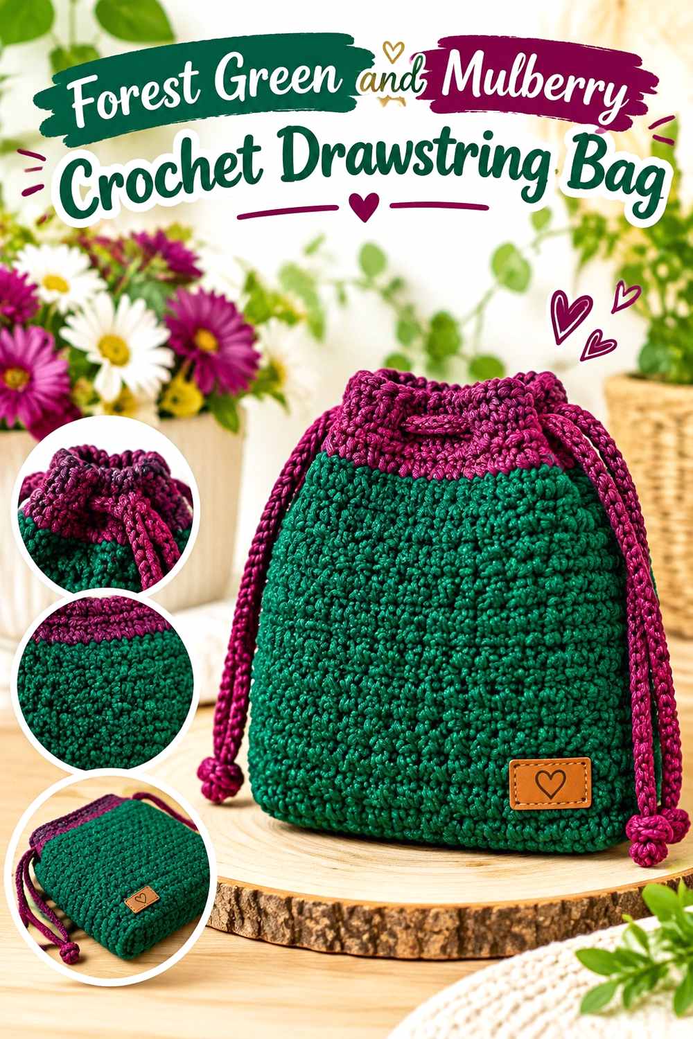 20. Forest Green And Mulberry Crochet Drawstring Bag