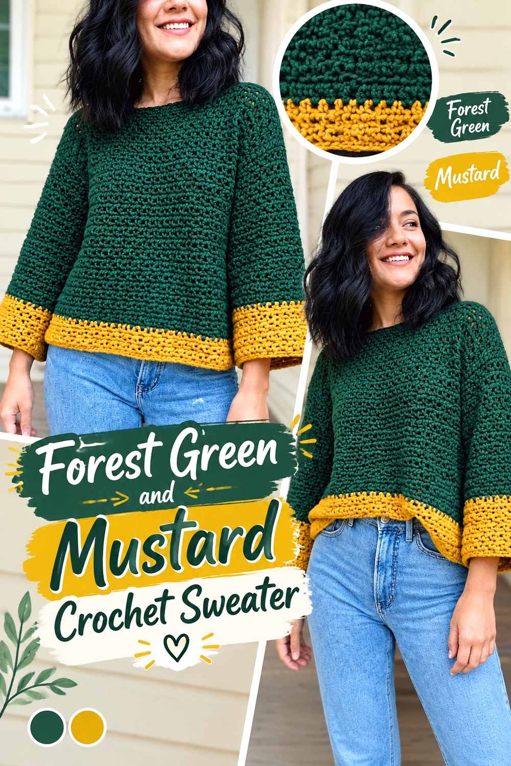 19. Forest Green And Mustard Crochet Sweater