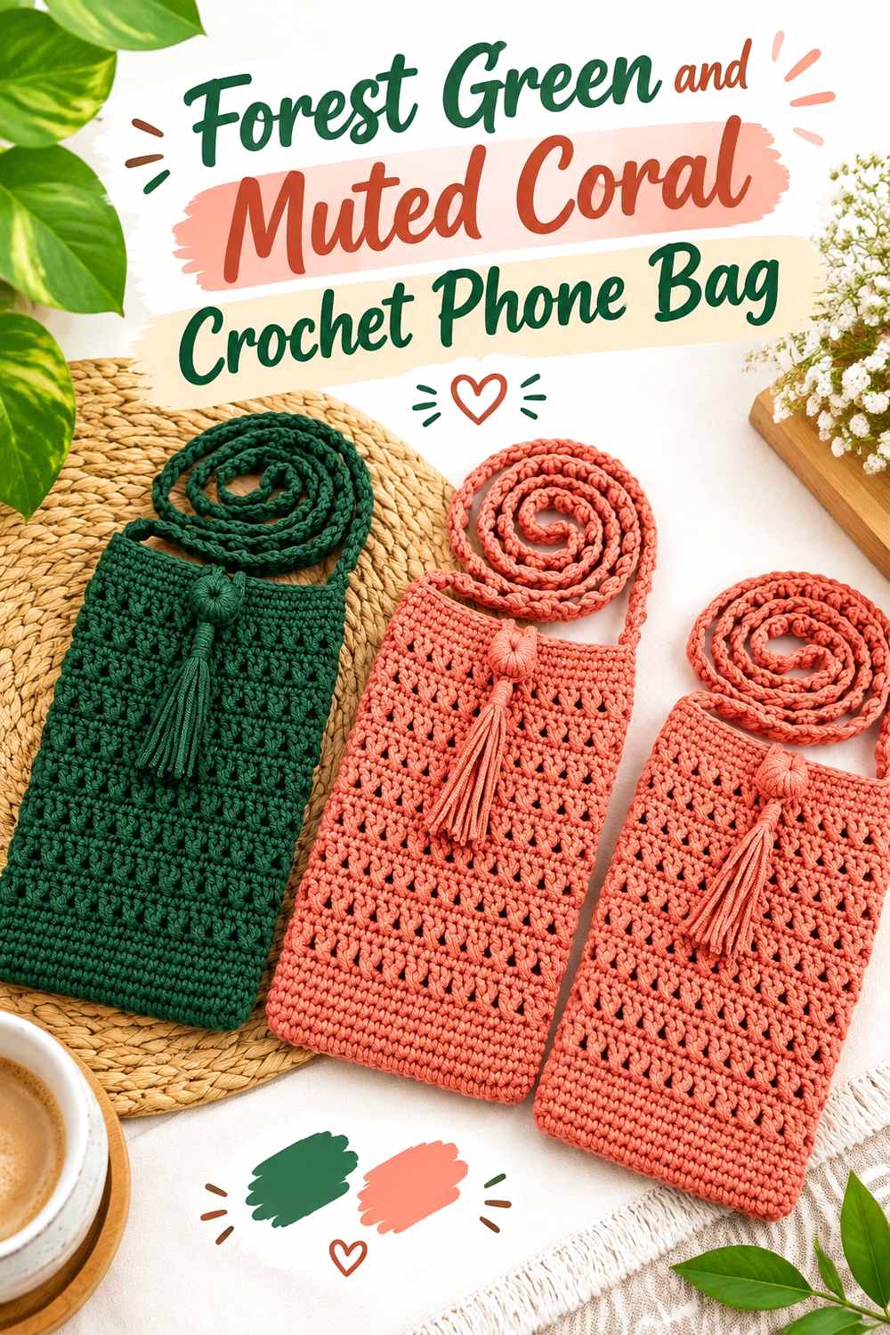 16. Forest Green And Muted Coral Crochet Phone Bag