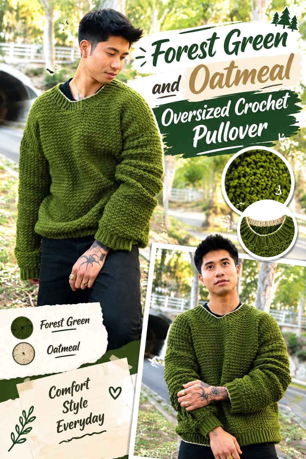 2. Forest Green And Oatmeal Oversized Crochet Pullover