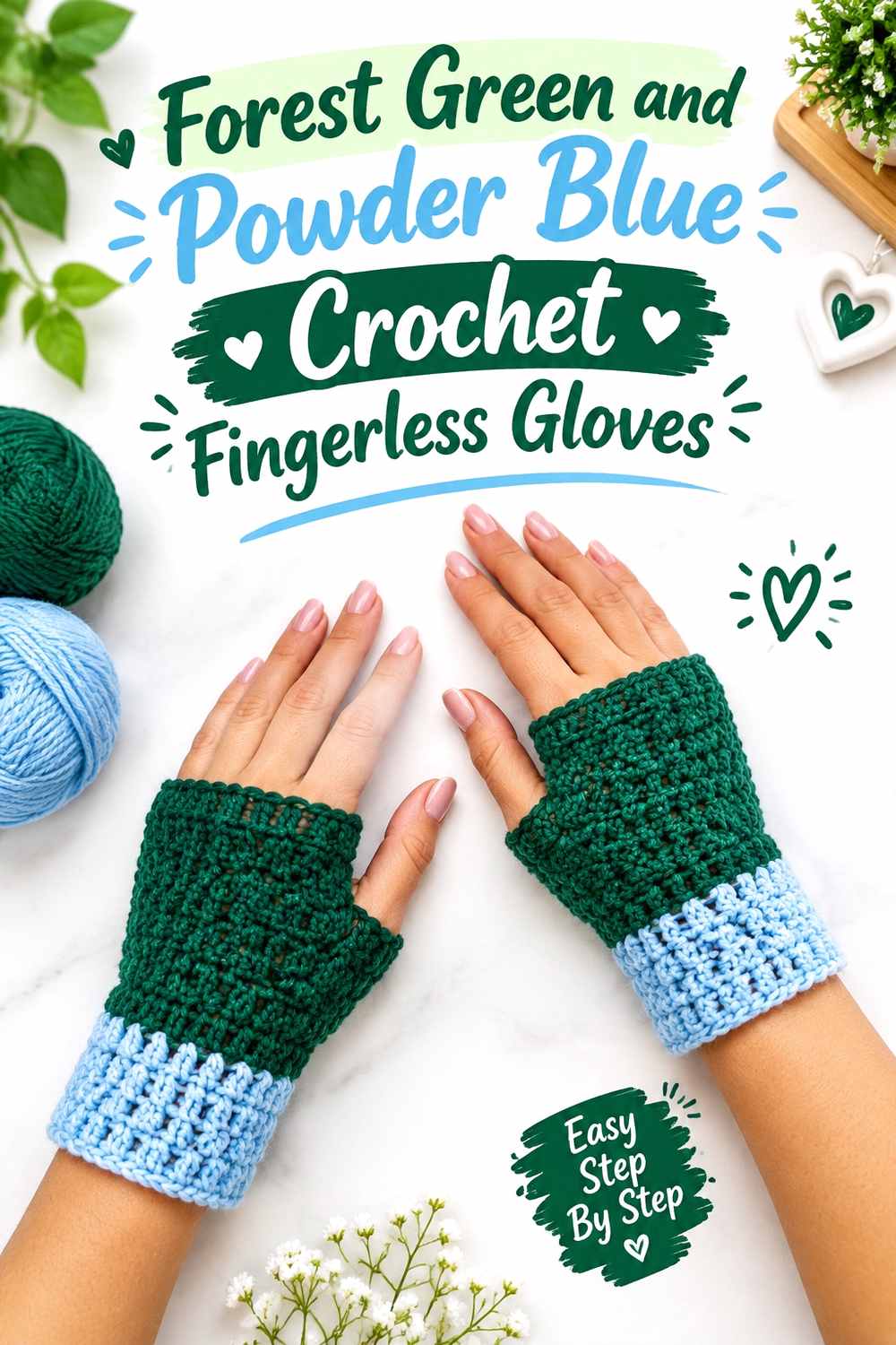 17. Forest Green And Powder Blue Crochet Fingerless Gloves