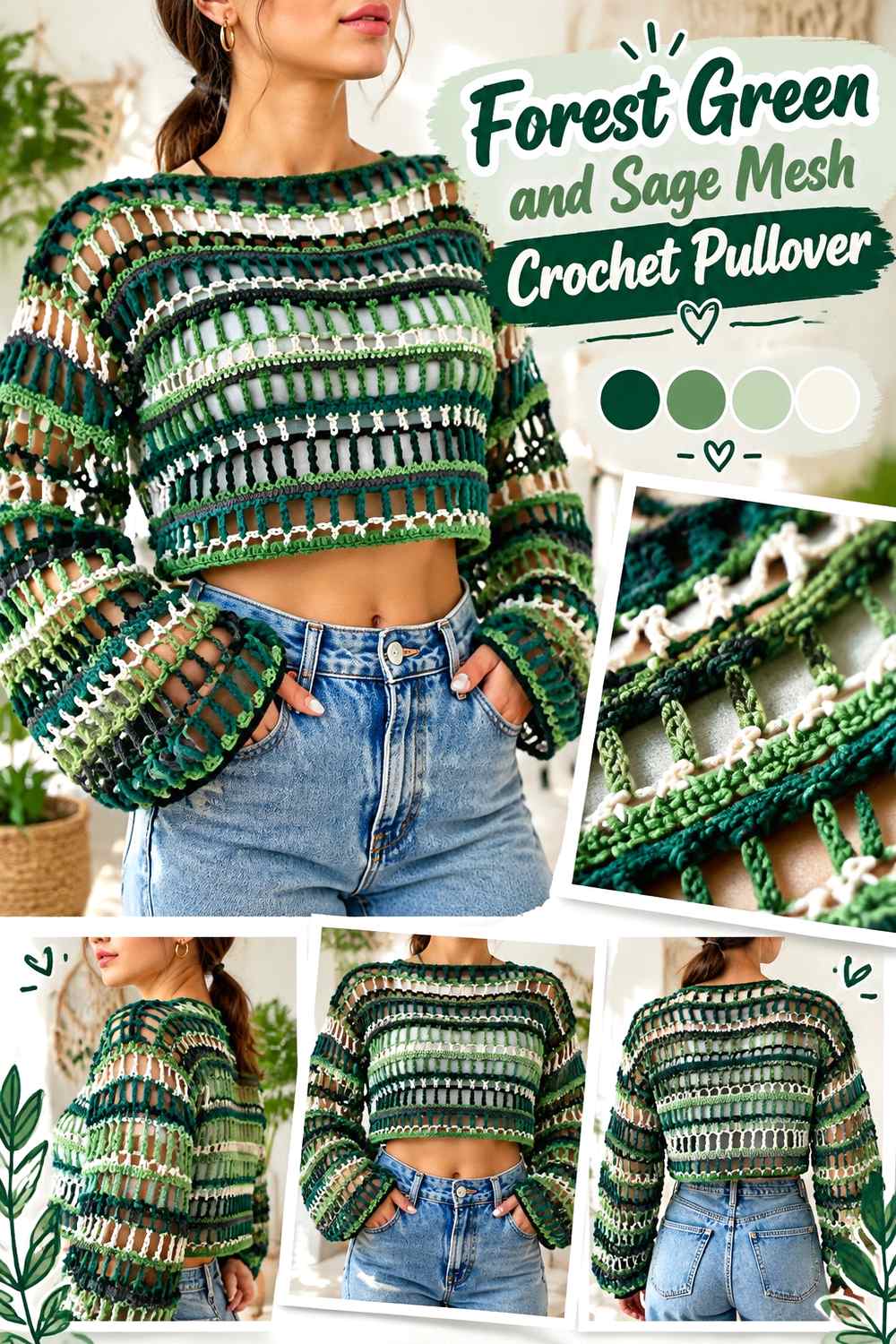 5. Forest Green And Sage Mesh Crochet Pullover