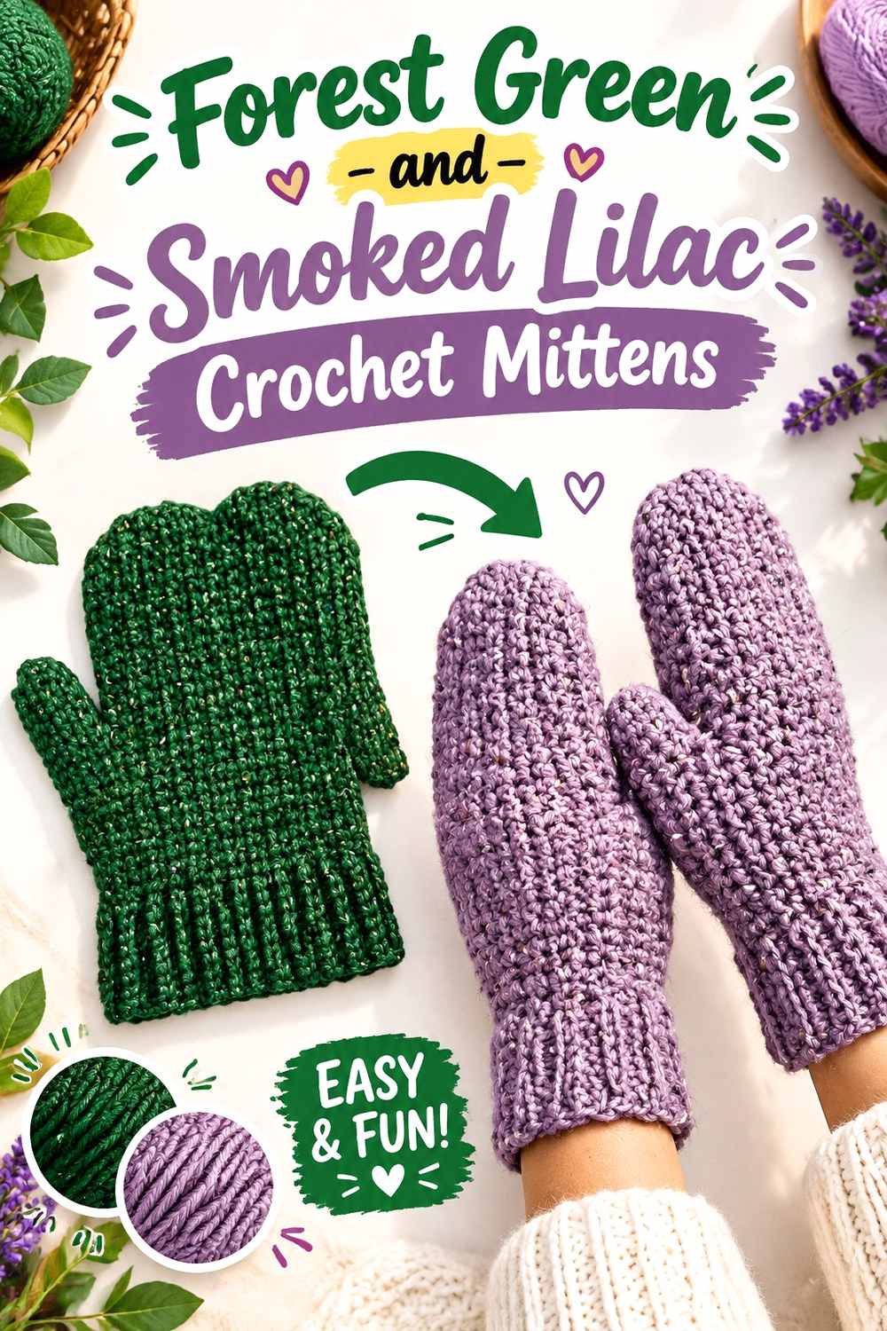 22. Forest Green And Smoked Lilac Crochet Mittens