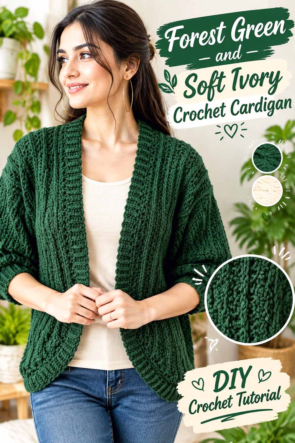 1. Forest Green And Soft Ivory Crochet Cardigan