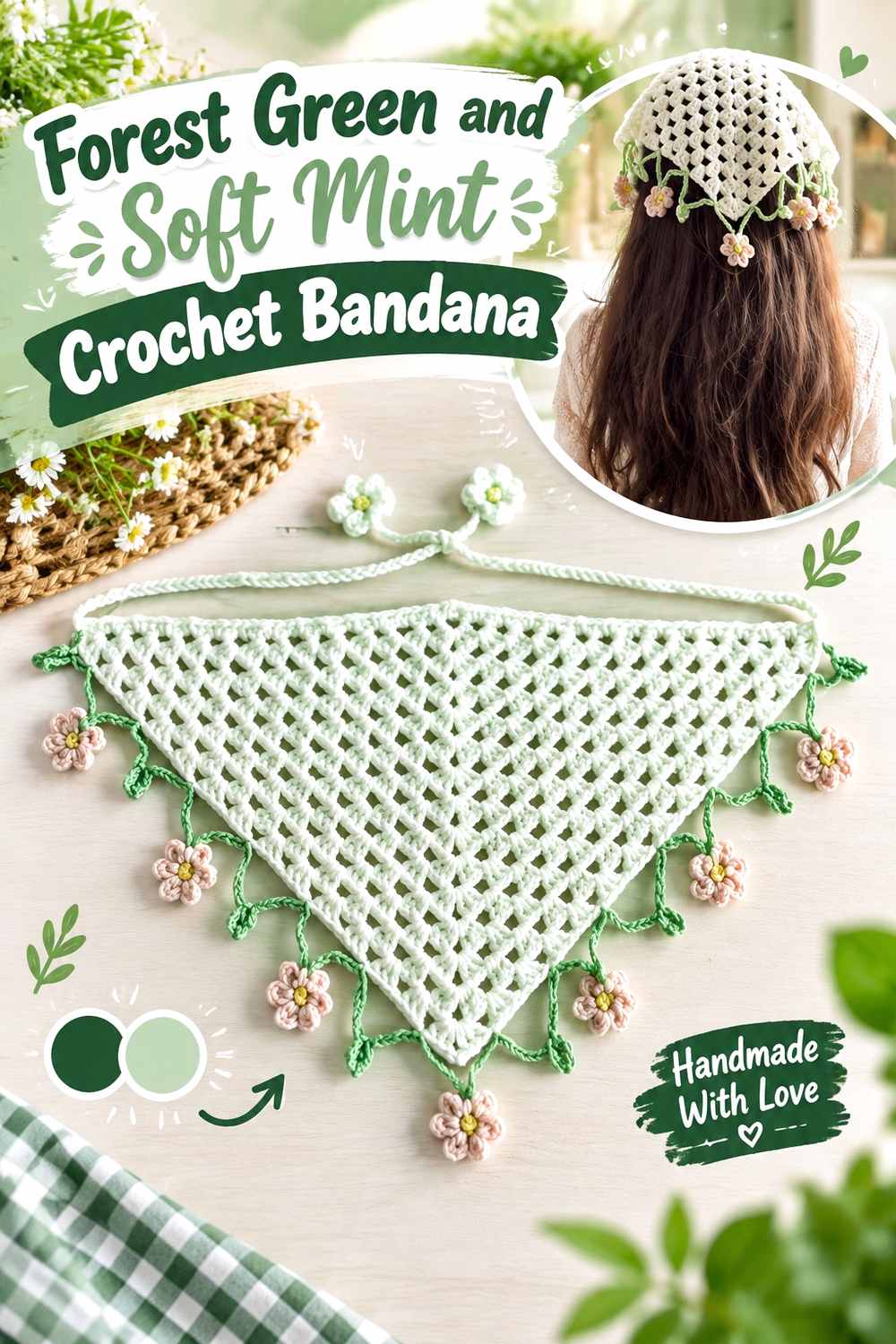 25. Forest Green And Soft Mint Crochet Bandana