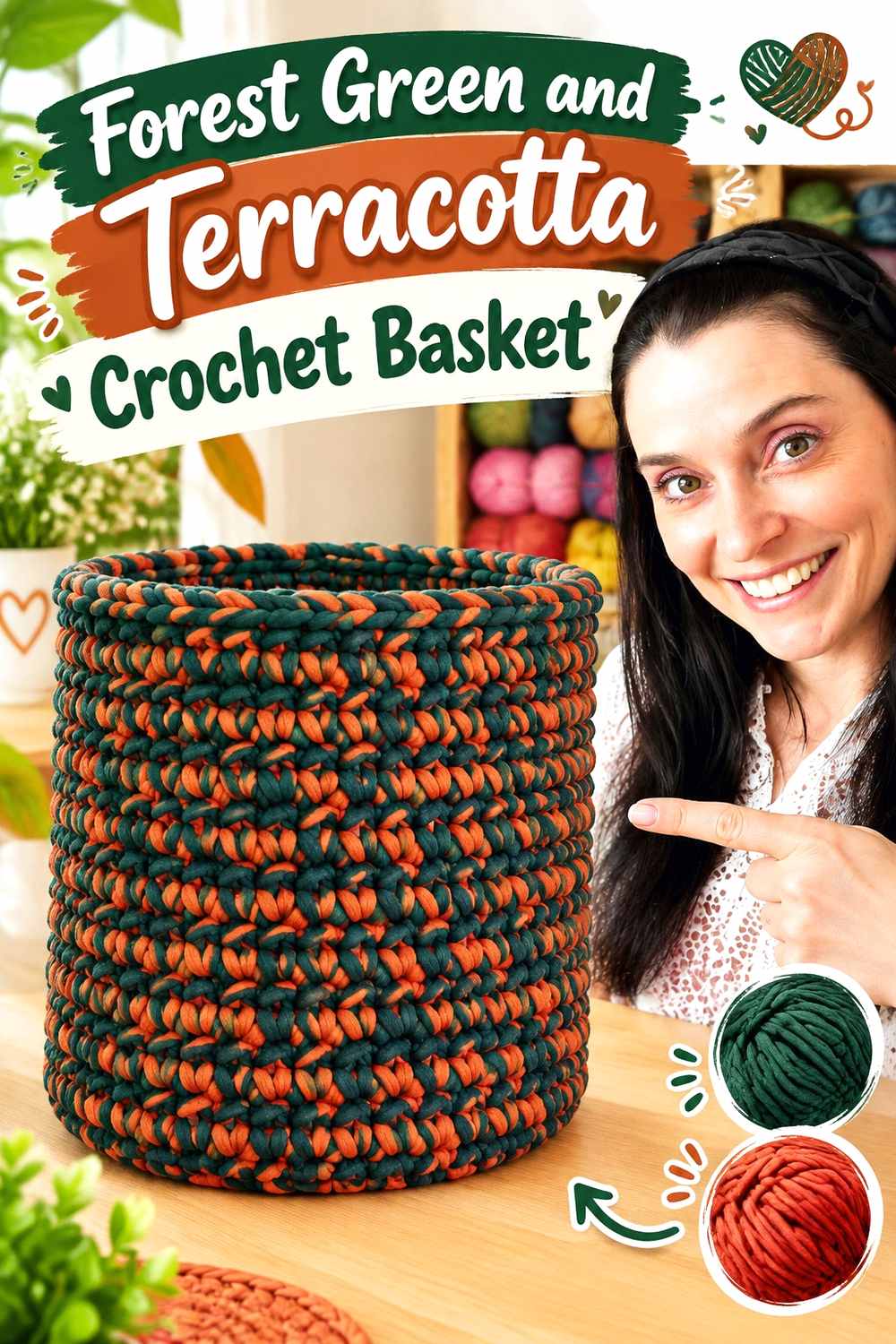 14. Forest Green And Terracotta Crochet Basket