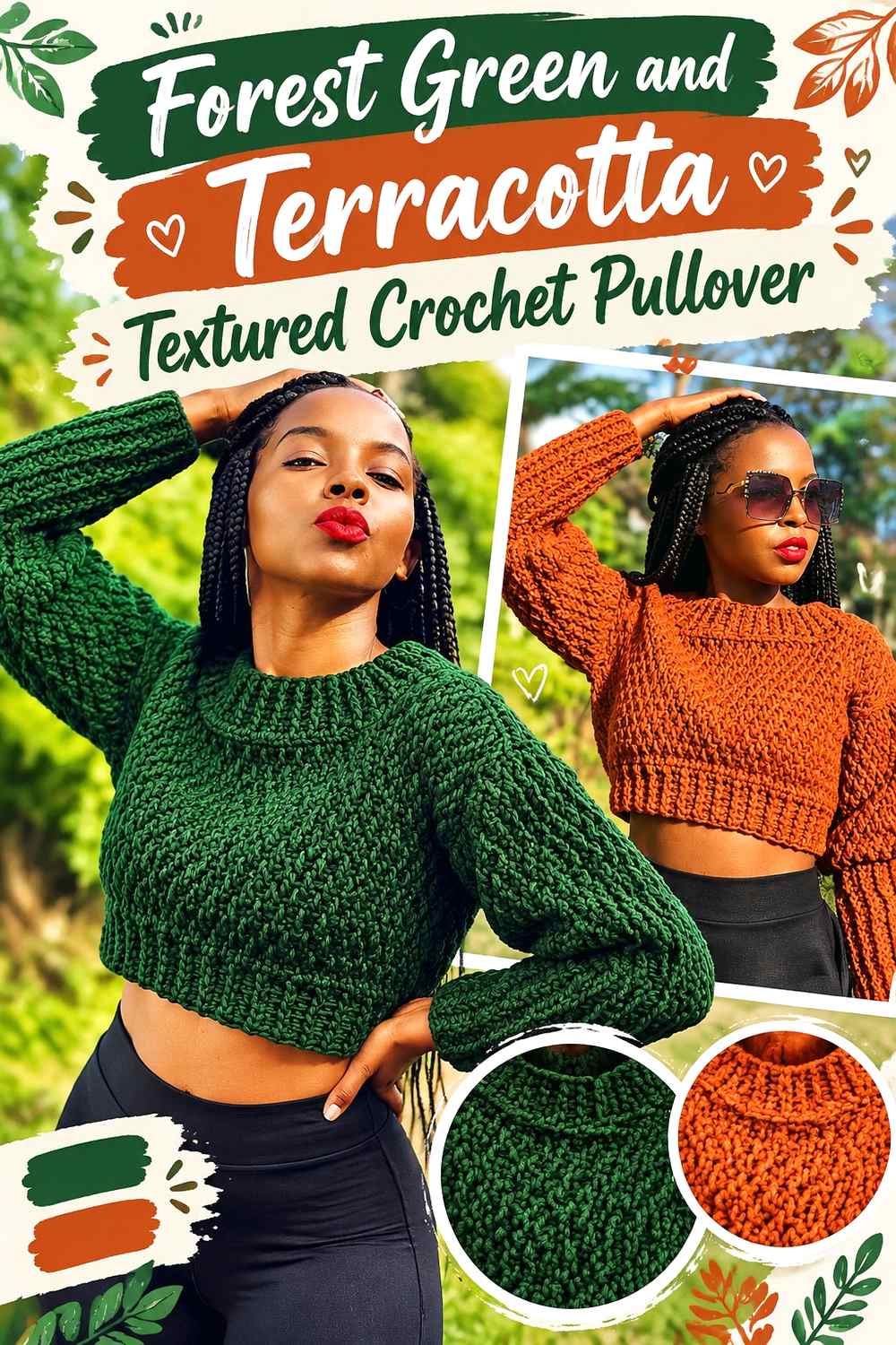 8. Forest Green And Terracotta Textured Crochet Pullover