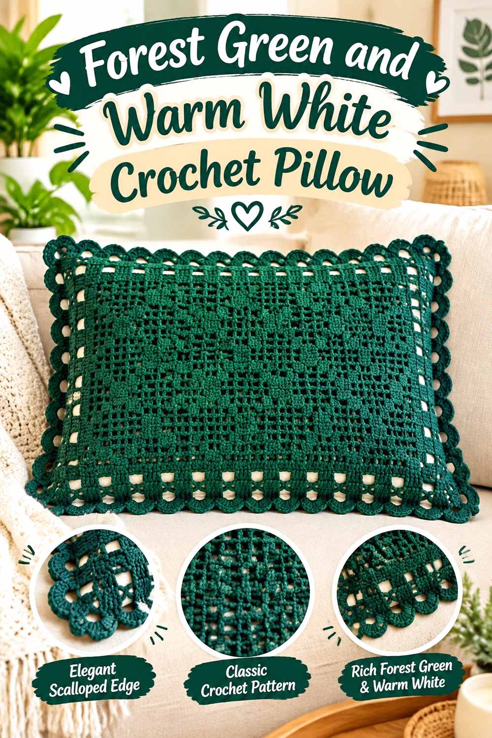 5. Forest Green And Warm White Crochet Pillow