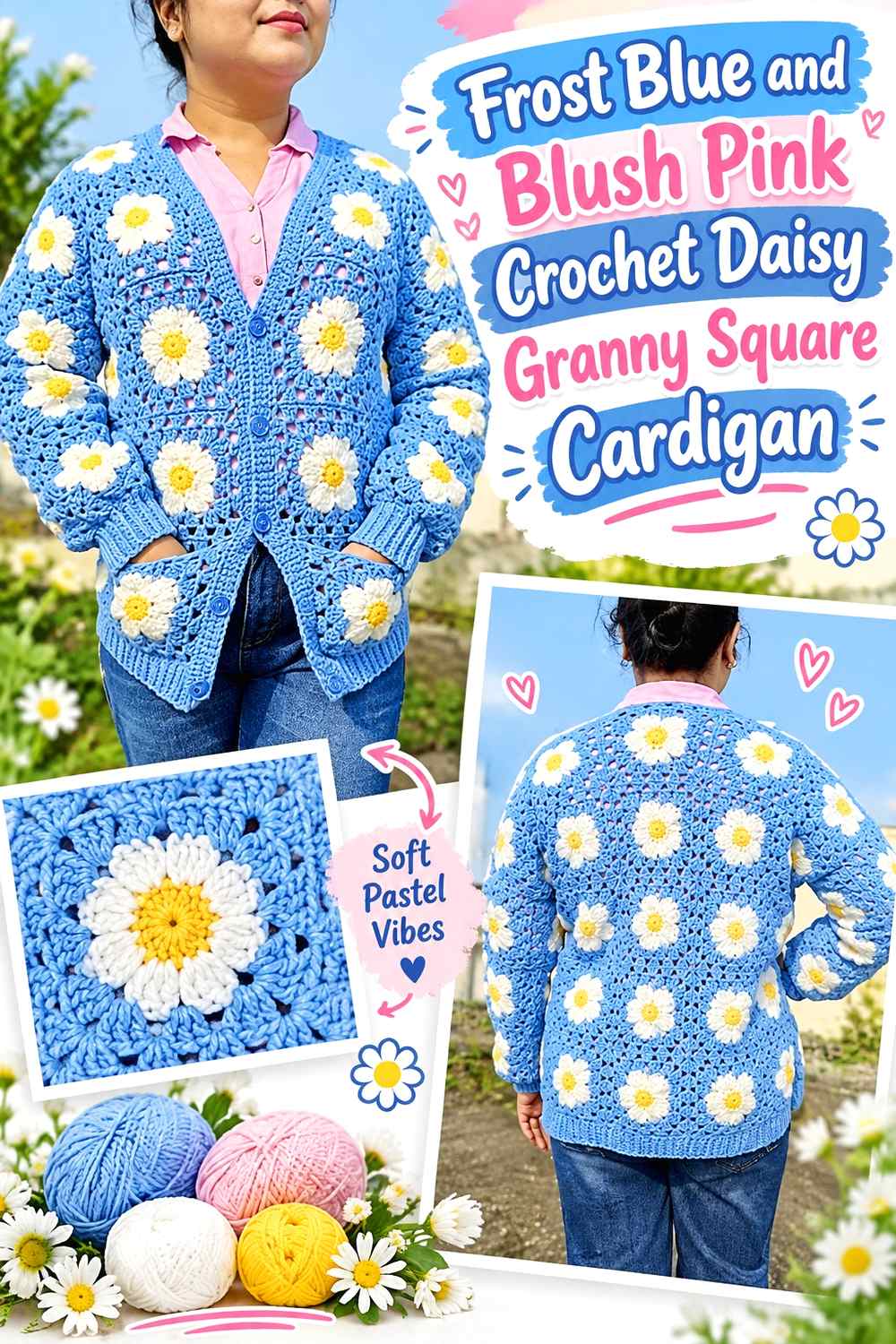 3. Frost Blue And Blush Pink Crochet Daisy Granny Square Cardigan